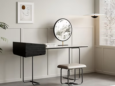 Modern Black Dressing Table with Round Mirror Beige Stool and Window Blinds Interior 3d model