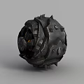 Tech Exhibition Hall Featuring Black Spiked Metal Sphere With Intricate Mechanical Details