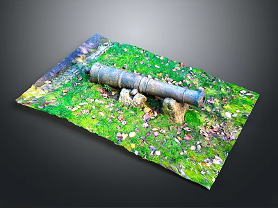 Ancient Cannon On Green Grass Field With Stones And Fallen Leaves 3d model
