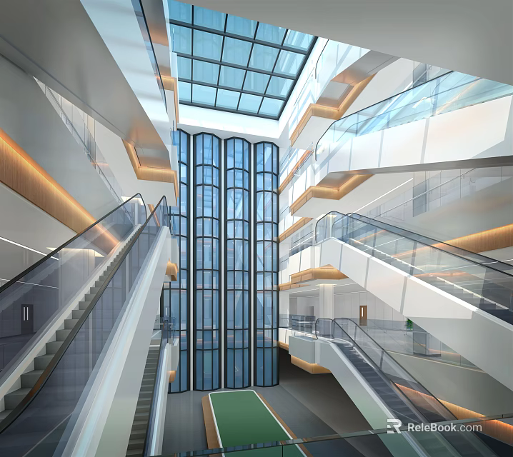 Modern Building Interior With Glass Skylight Elevators Escalators And Open Space 3d model
