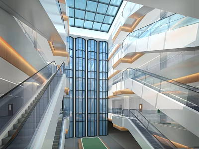 Modern Building Interior With Glass Skylight Elevators Escalators And Open Space 3d model