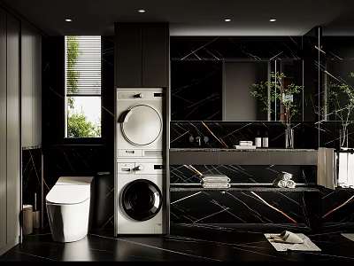 Modern Luxury Dark Marble Bathroom With Stacked Laundry Appliances And Sleek High Quality Fixtures 3d model
