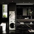Modern Luxury Dark Marble Bathroom With Stacked Laundry Appliances And Sleek High Quality Fixtures