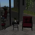 Red Comfortable Lounge Chair On Balcony With Side Table Green Plants Ocean View And Cityscape