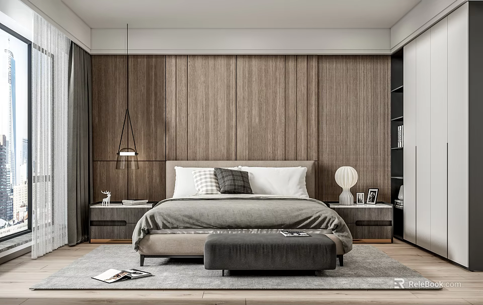 Minimalist Modern Bedroom Interior With Wooden Wall Hanging Lamp Bedside Tables And Rug 3d model 