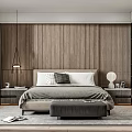 Minimalist Modern Bedroom Interior With Wooden Wall Hanging Lamp Bedside Tables And Rug