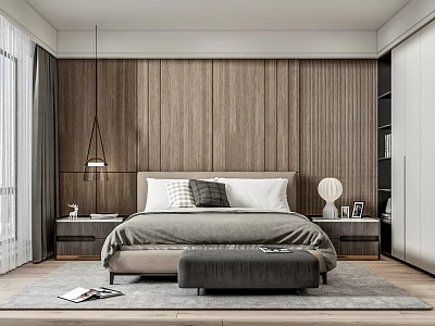 Minimalist Modern Bedroom Interior With Wooden Wall Hanging Lamp Bedside Tables And Rug 3d model