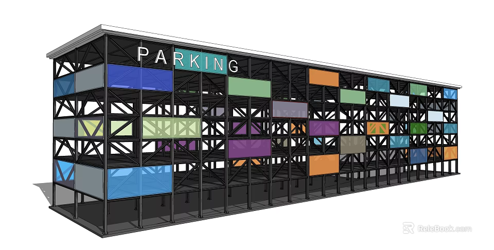 Multi Level Parking Structure Exterior With Colorful Glass Panels And Steel Frame 3d model 