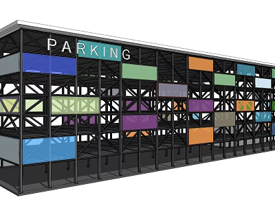Multi Level Parking Structure Exterior With Colorful Glass Panels And Steel Frame 3d model