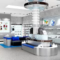 Bright Retail Store In Shopping Mall With Glass Windows Display Racks Glasses And Counter