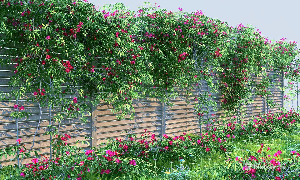 Vine Covered Wooden Fence With Pink Flowers And Greenery 3d model 