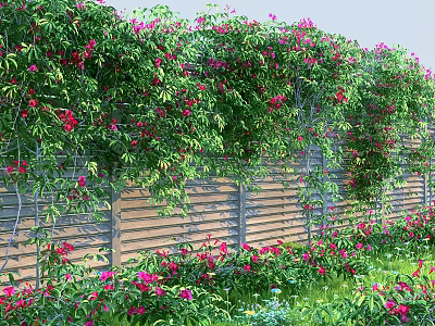 Vine Covered Wooden Fence With Pink Flowers And Greenery 3d model