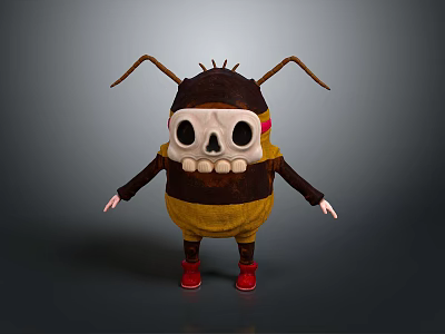 Cute Cartoon Bug Character With Skull Face Yellow Brown Body And Red Shoes 3d model