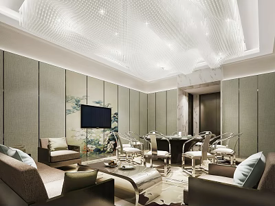 Luxurious Modern Private Room Interior With Sofa Coffee Table TV Dining Table And Chairs 3d model