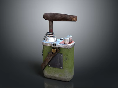 Vintage Green Mechanical Tool With Wooden Handle Metal Body And Leather Strap 3d model