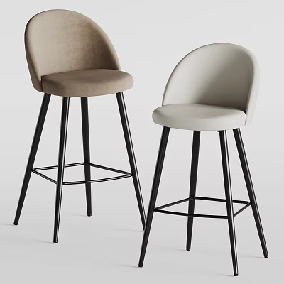 Modern Beige Ivory Upholstered Bar Stools With Curved Backrest And Black Metal Legs 3d model