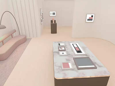 Cartoon Interior Scene With Light Colored Sofa Floor Lamp Wall Art And Table Items 3d model