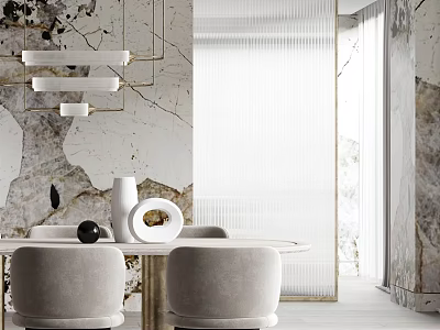 Modern Open Restaurant Kitchen Interior With Marble Wall Dining Table And Pendant Lights 3d model