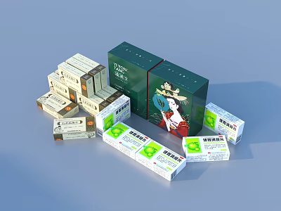 Stylish Household Item Packaging With Green Main Box And Stacked White Cartons And Decorative Prints 3d model