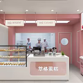 Pink Themed Dessert Shop Interior Design With Glass Display Cases Wooden Counter And Fresh Pastries
