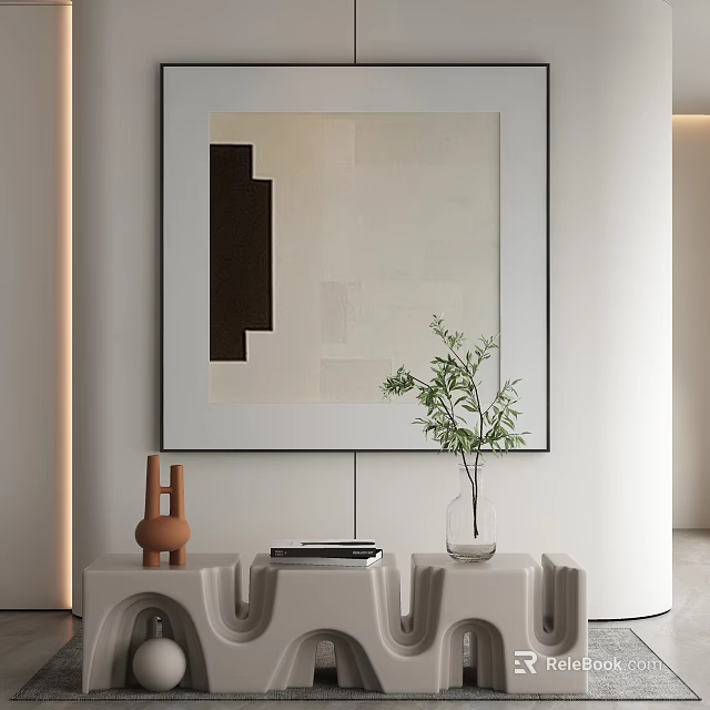 Abstract Painting on White Wall with Neutral Tones Vase Green Plant and Minimalist Table Decor 3d model 