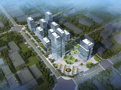 Modern High Rise Office Building Complex With Central Plaza And Landscaped Greenery In Aerial View 3d model