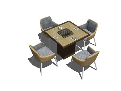 Wooden Entertainment Table Design Surrounded by Four Chairs With Chessboard and Plates 3d model
