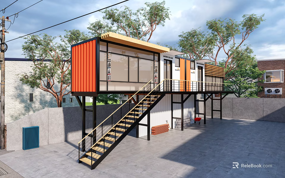 Modern Container Station With Orange And White Design And Staircase Among Trees 3d model 