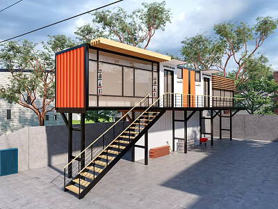 Modern Container Station With Orange And White Design And Staircase Among Trees 3d model