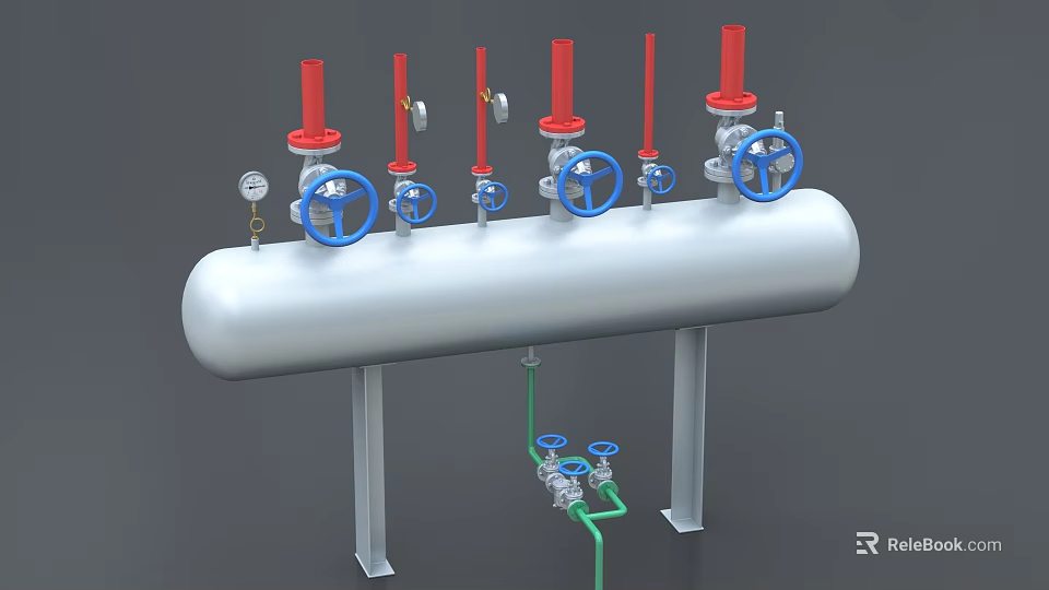 Industrial Equipment Cylindrical Tank With Red Valve Tops Blue Handles Pressure Gauge And Pipes 3d model 