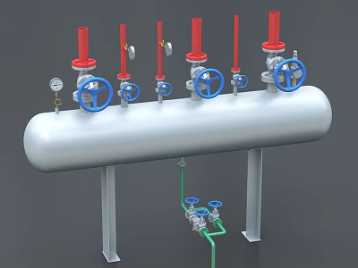 Industrial Equipment Cylindrical Tank With Red Valve Tops Blue Handles Pressure Gauge And Pipes 3d model