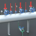 Industrial Equipment Cylindrical Tank With Red Valve Tops Blue Handles Pressure Gauge And Pipes