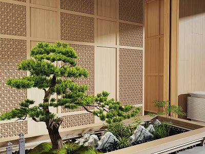 Japanese Style Interior With Bonsai Pine Rockery And Wooden Lattice Screens 3d model