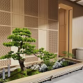 Japanese Style Interior With Bonsai Pine Rockery And Wooden Lattice Screens
