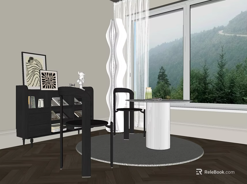 Modern Dining Table Set With White Cylindrical Table Black Chairs Natural Light And Mountain View 3d model 