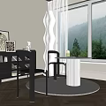 Modern Dining Table Set With White Cylindrical Table Black Chairs Natural Light And Mountain View