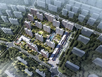 Residential Community Aerial Planning With Modern Buildings Greenery and Central Facilities 3d model