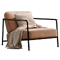 Modern Minimalist Beige Leather Single Sofa With Cushion And Knitted Blanket On Black Metal Frame