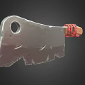 Wooden Handle Kitchen Appliance Knife Featuring Red Coiled Decorations On Worn Blade