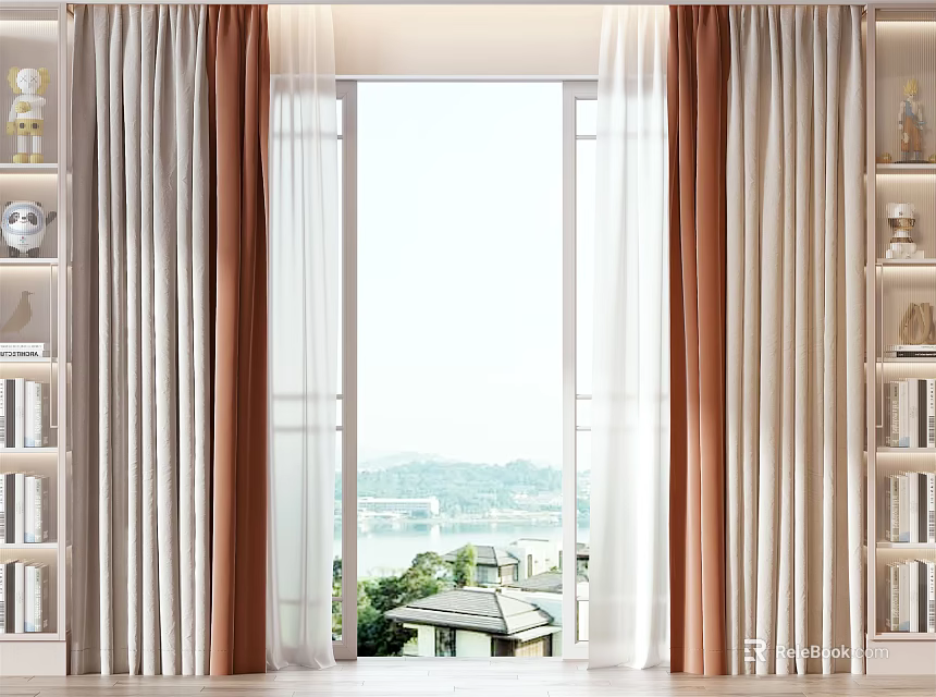 Beige and Brown Layered Curtains for Modern Home Window with Scenic View and Decorative Shelves 3d model 