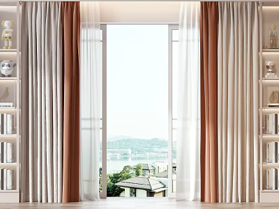Beige and Brown Layered Curtains for Modern Home Window with Scenic View and Decorative Shelves 3d model