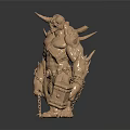 Muscular Horned Fantasy Game Movie Character With Spiked Armor Holding Hammer And Chains