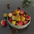 Rustic Ceramic Bowl Filled With Red And Yellow Apples On Dark Countertop With Pine Cones