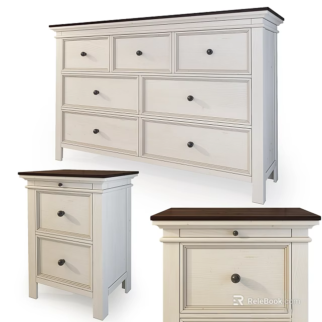 White Chest of Drawers Set with Dark Tabletop and Multiple Drawer Sizes 3d model 