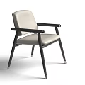 Modern Beige Upholstered Dining Chair With Black Armrests And Sleek Black Legs