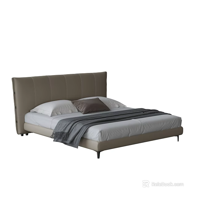 Modern Double Bed With Light Brown Leather Headboard White Sheets And Gray Blanket 3d model