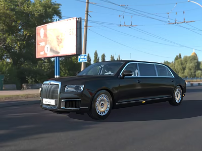 Black Luxury Limousine Parked On Road With Billboard Trees And Blue Sky 3d model