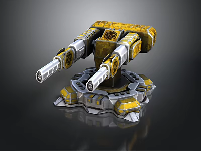 Yellow And Gray Twin Barrel Mechanical Turret With Metallic Circular Base 3d model