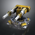 Yellow And Gray Twin Barrel Mechanical Turret With Metallic Circular Base