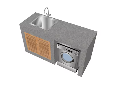 Washbasin with Gray Countertop Silver Faucet Stainless Steel Sink Wooden Louvered Cabinet and Washing Machine 3d model